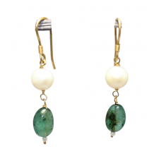 Dangle Drop Earrings Real 14K (585) Yellow Gold Natural Green Emerald & Freshwater Pearl Gem Stone Handmade Gift Women E335